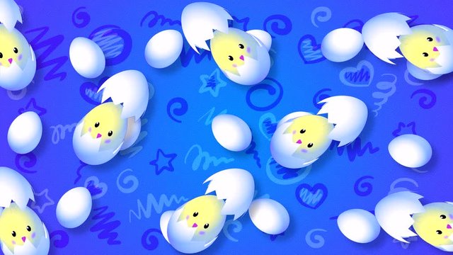 Abstract background with eggs flying horizontally from left to right with an opening shell on a colored painted background with elements from a 3D program.