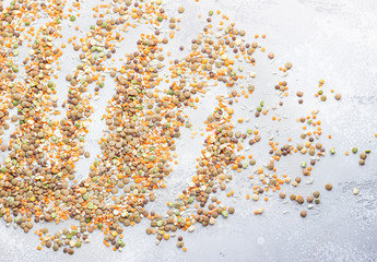 Flat lay composition with different types of grains and cereals on light grey concrete background. Food ingredients and agricultural product concept.