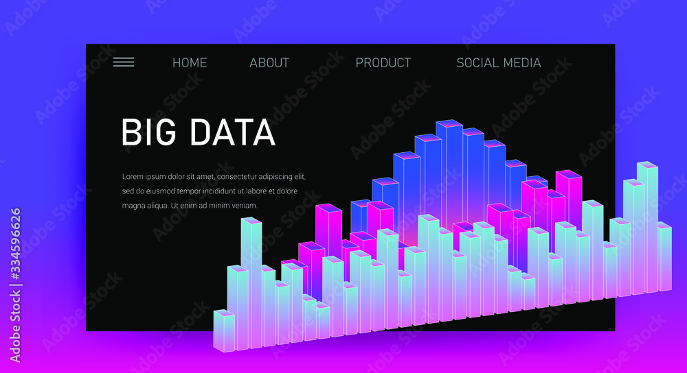 Poster Web site template for Big Data  analysis, Artificial intelligence and  Information science. 3D graphs and plots.