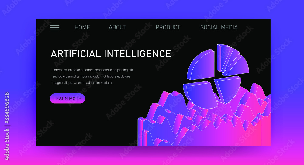 Poster Web site template for Big Data  analysis, Artificial intelligence and  Information science. 3D graphs and plots.