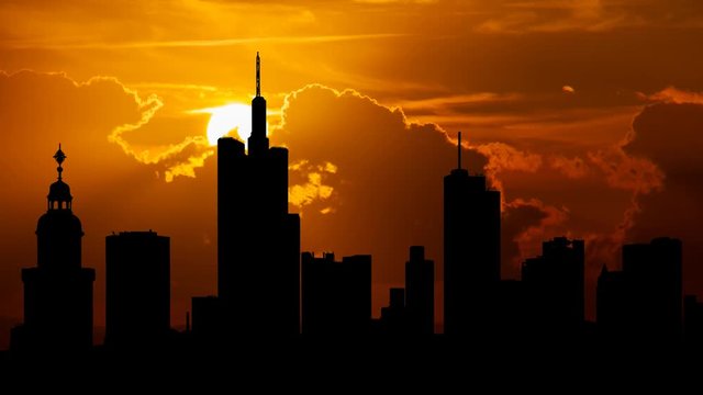 Frankfurt Am Main Skyline: Time Lapse at Sunset with Red Sun and Fiery Clouds, Germany