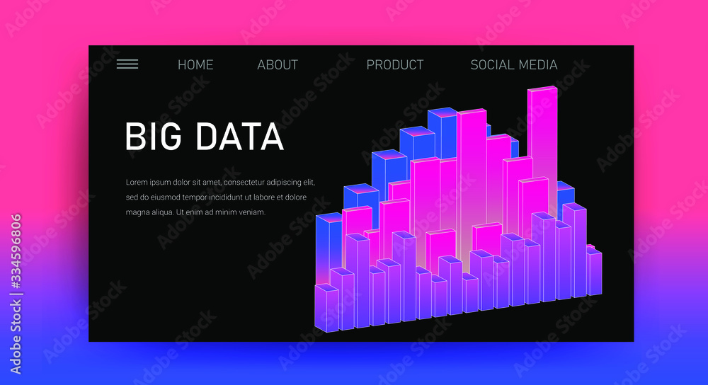 Poster Web site template for Big Data  analysis, Artificial intelligence and  Information science. 3D graphs and plots.