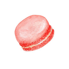 Hand drawn watercolor french red macaron cakes, white french pastry dessert. On white background colorful macaroon biscuits, sweet and beautiful dessert.