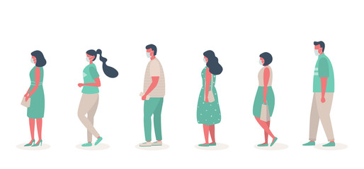 People in medical masks stand in line. Men and women keep their distance to stay safe. Vector illustration in flat style.
