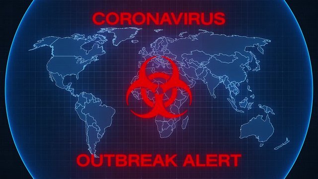 Video animation of a world map showing the outbreak of the coronavirus and the warning message coronavirus outbreak alert - screen