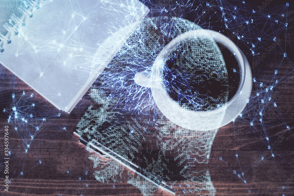 Poster double exposure of brain sketch and table top veiw. concept of data analysis.