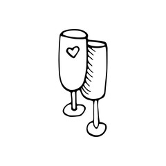 Couple hand drawn glasses of champagne for New Year, Xmas, or Valentine's day, marriage proposal. For greeting cards and seasonal design. Doodle vector illustration isolated on white background.