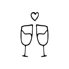 Couple hand drawn glasses of champagne for New Year, Xmas, or Valentine's day, marriage proposal. For greeting cards and seasonal design. Doodle vector illustration isolated on white background.