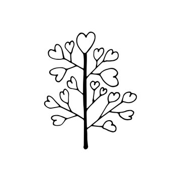 Cute single hand drawn love tree. Doodle vector illustration for wedding design, logo and greeting card. Isolated on white background.