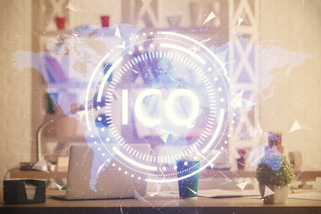 Double exposure of crypto technology theme drawing and office interior background. Concept of blockchain.