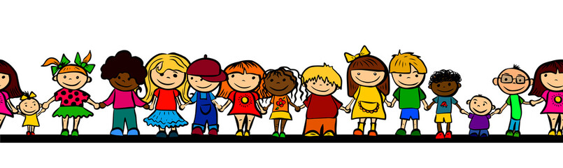 A set of drawings of children. Seamless pattern kids joined hands. Friendship. Vector illustration
