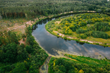 Fototapeta na wymiar Aerial View Green Forest And River Landscape In Spring Evening. Top View Of Beautiful European Nature From High Attitude In Summer Season. Drone View. Bird's Eye View