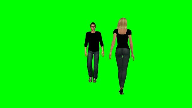  Two people passing on a green screen.