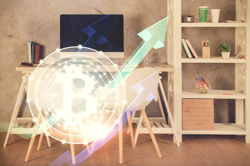 Double exposure of crypto technology theme drawing and office interior background. Concept of...