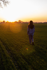  girl walks in the sunset field