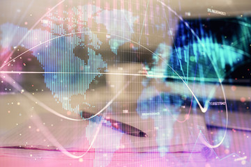 Double exposure of business theme drawings and desk with open notebook background. Concept of...
