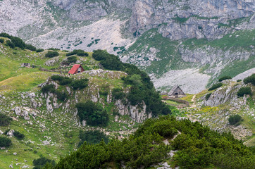 Mountain landscape with hut in Durmitor. Montenegro