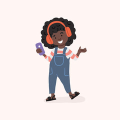 black girl teenager listening to music in headset