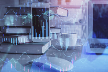 Double exposure of financial graph drawing and cell phone background. Concept of forex trading