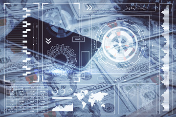 Double exposure of data theme drawing over us dollars bill background. Technology concept.