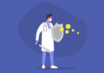 Young male doctor fighting the virus with a sword and shield, healthcare, the immune system