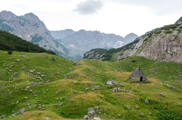 Fototapeta na wymiar Mountain landscape with hut in Durmitor. Montenegro