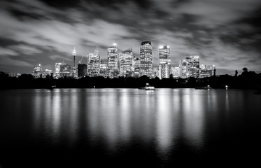 Black and white photo of skyscrapers at night, Sydney Australia