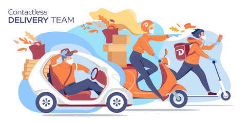 Contactless delivery team. Online delivery service couriers in a masks and gloves. flat vector illustration.