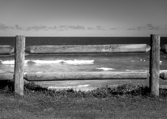 Black and white photo of a fence by the beach,Curl Curl Beach, Australia