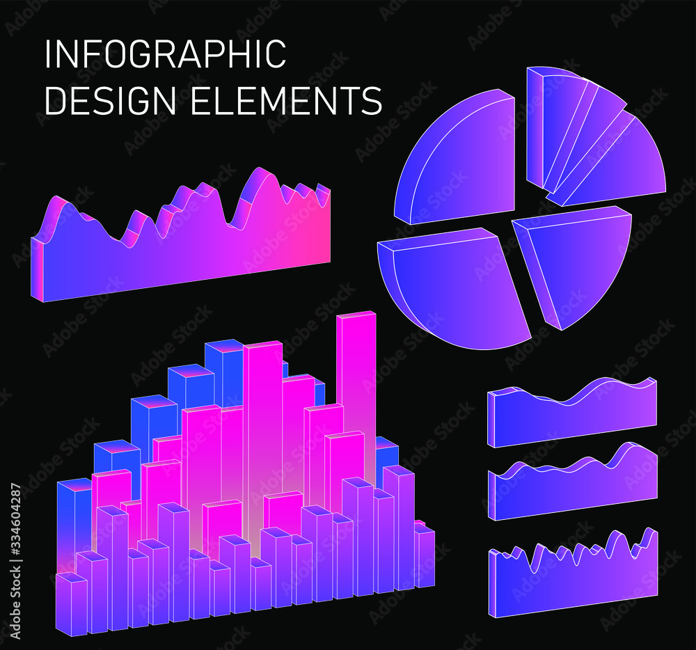 Poster Set of 3D graphs, charts, histograms and plots for UI and UX design.