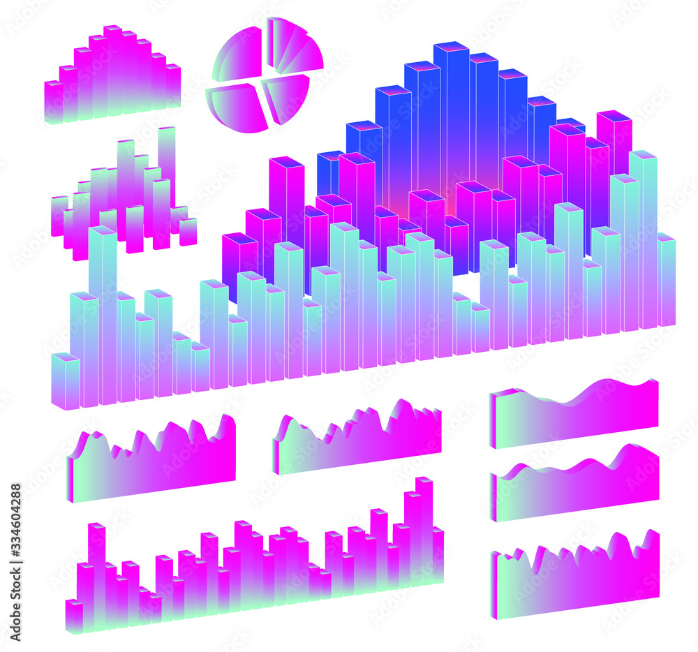 Poster Set of 3D graphs, charts, histograms and plots for UI and UX design.