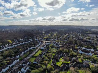Aerial view of Hampstead Garden Suburb and typical house cottage, an elevated suburb of London.