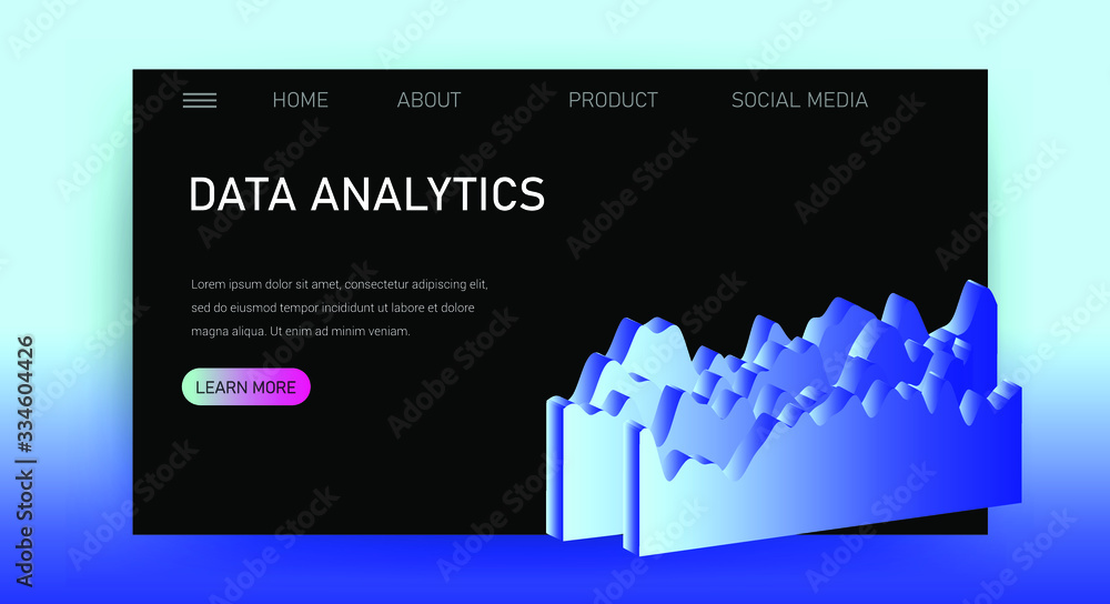 Poster Web site template for Big Data  analysis, Artificial intelligence and  Information science. 3D graphs and plots.