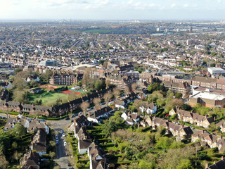 Aerial view of Hampstead Garden Suburb and typical house cottage, an elevated suburb of London.