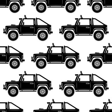 Off-road cars isolated on white background. Seamless pattern. Black silhouette. Side view. Vector graphic illustration. Isolate. Texture.