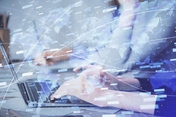 Double exposure of woman hands working on computer and data theme hologram drawing. Tech concept.