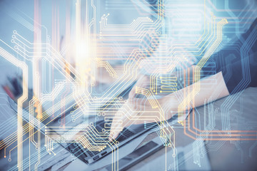 Double exposure of woman hands working on computer and world map hologram drawing. International technology business concept.