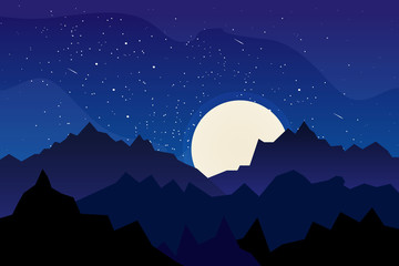 Landscape with mountains, moon night scene. Vector illustration design