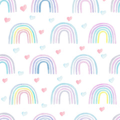 Rainbows and hearts tenderly watercolor seamless pattern. Digital paper. Kids illustration. Colorful nursery art.