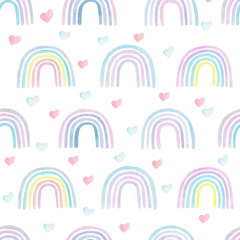Fototapeta premium Rainbows and hearts tenderly watercolor seamless pattern. Digital paper. Kids illustration. Colorful nursery art.