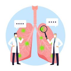 Doctors  personnel in masks examine the lungs affected by a COVID-19. Medic with a magnifying glass inspecting the affected lung pneumonia. A concept on the treatment of the coronavirus.