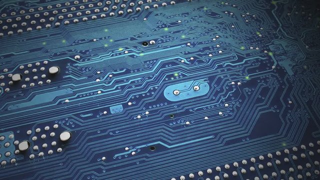 Animation of a camera fly over a blue motherboard. Information signals move and blink on the tracks of a computer board close up.