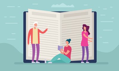 Distance education concept. Vector illustration with people beside open book. Element for education and learning design