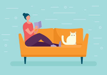 Girl read book on sofa with cat concept. Vector illustration with Girl, book and cat in flat style
