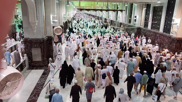 MECCA, SAUDI ARABIA,  August 2019 - Muslim pilgrims from all over the world gathered to perform Umrah or Hajj at the Haram Mosque in Mecca, Saudi Arabia, days of Hajj or Omrah