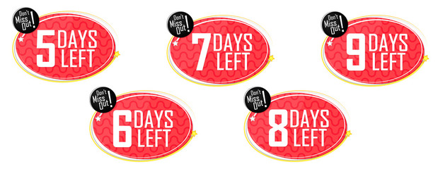 Set number days left, countdown banners design template, don't miss out, discount tags, vector illustration