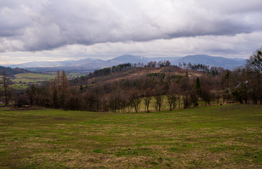 Fototapeta na wymiar Meadow in mountains with forest and mountain peaks in background, Poland Beskidy