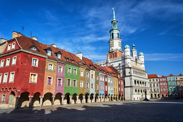 Old market with Renaissance town hall tower and historic tenements in Poznan..