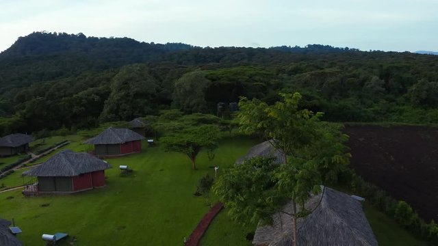 Aerial View Of The Cosy Eco Lodge Located In Tanzania In The Middle Of National Park Near Kilimanjaro Volcano.