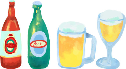 Watercolor painted bottles and glasses of beer. Vector detailed textured illustrations of alcohol for bars and restaurants. Menu drawings with bright colors.